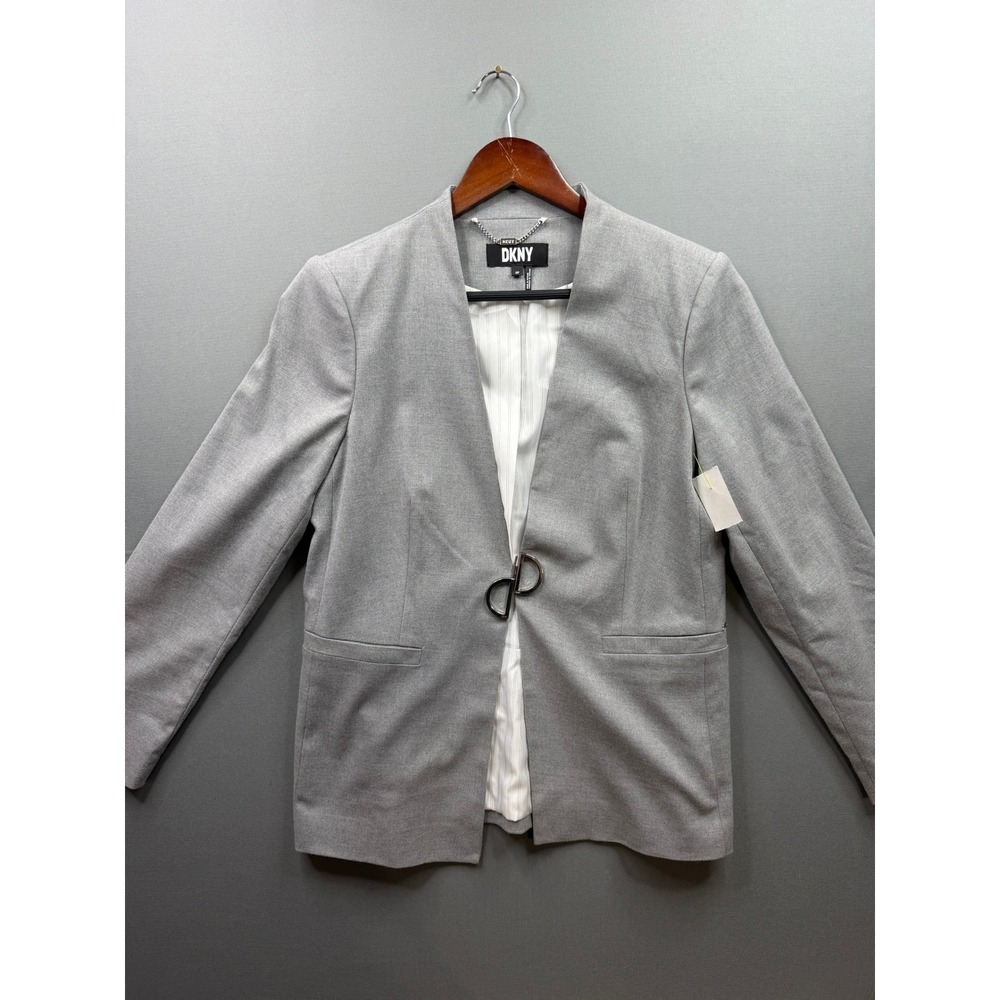 DKNY Blazer Womens Grey Collarless Ring Closure Open Front Jacket 14P